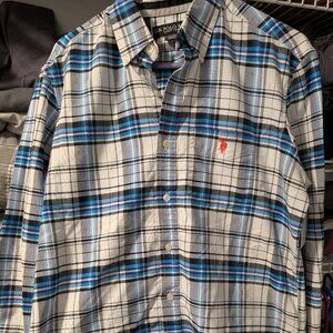 US Polo Assn Shirt Men M Blue Gray Tartan Plaid Button Down Long Sleeve Pony